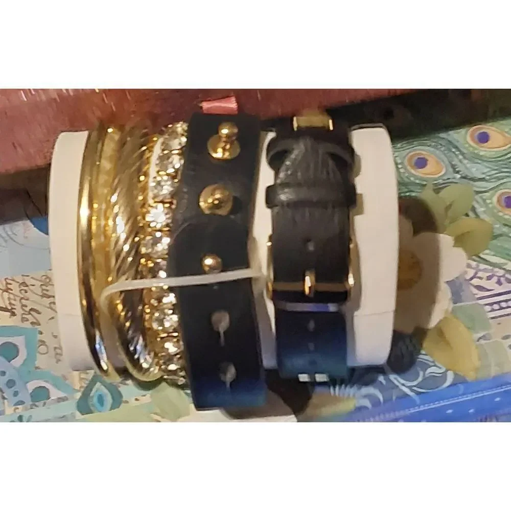 BNIB~Trendy Women's Black Studded Strap Watch & Bracelets Boxed Gift Set